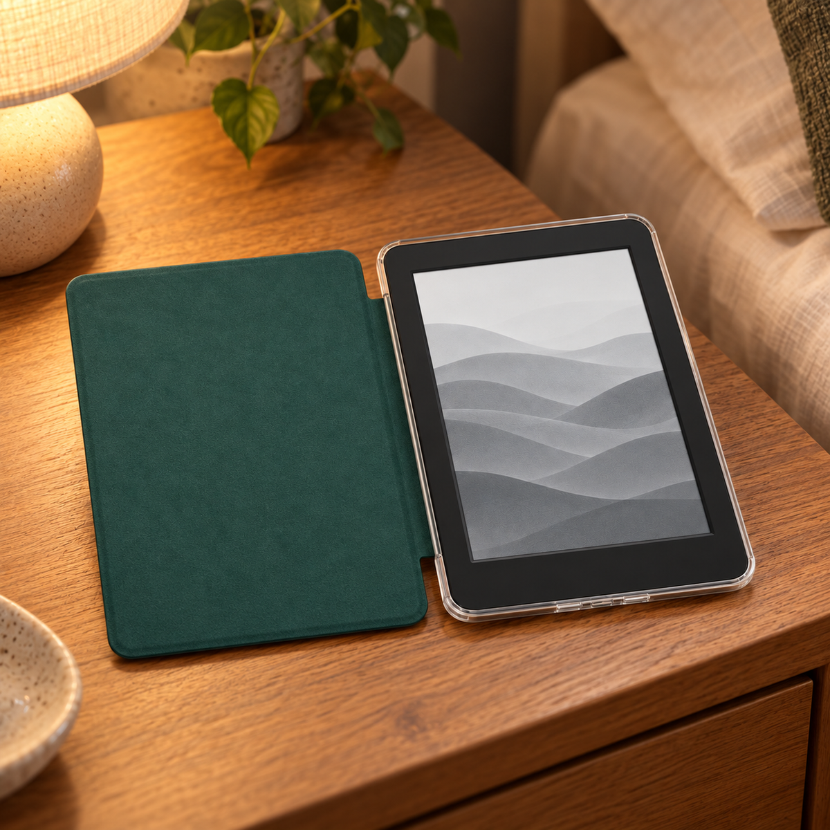 PageGuard Crystal Cover in use — bedside reading lamp