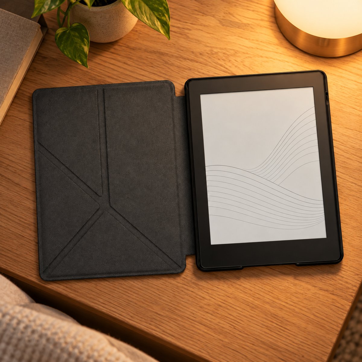 PageGuard Trifold in use — bedside reading lamp