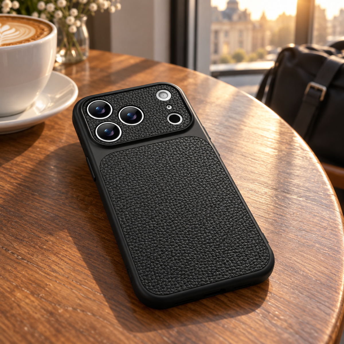 Avontic PebbleCraft Textured Case — cafe lifestyle view
