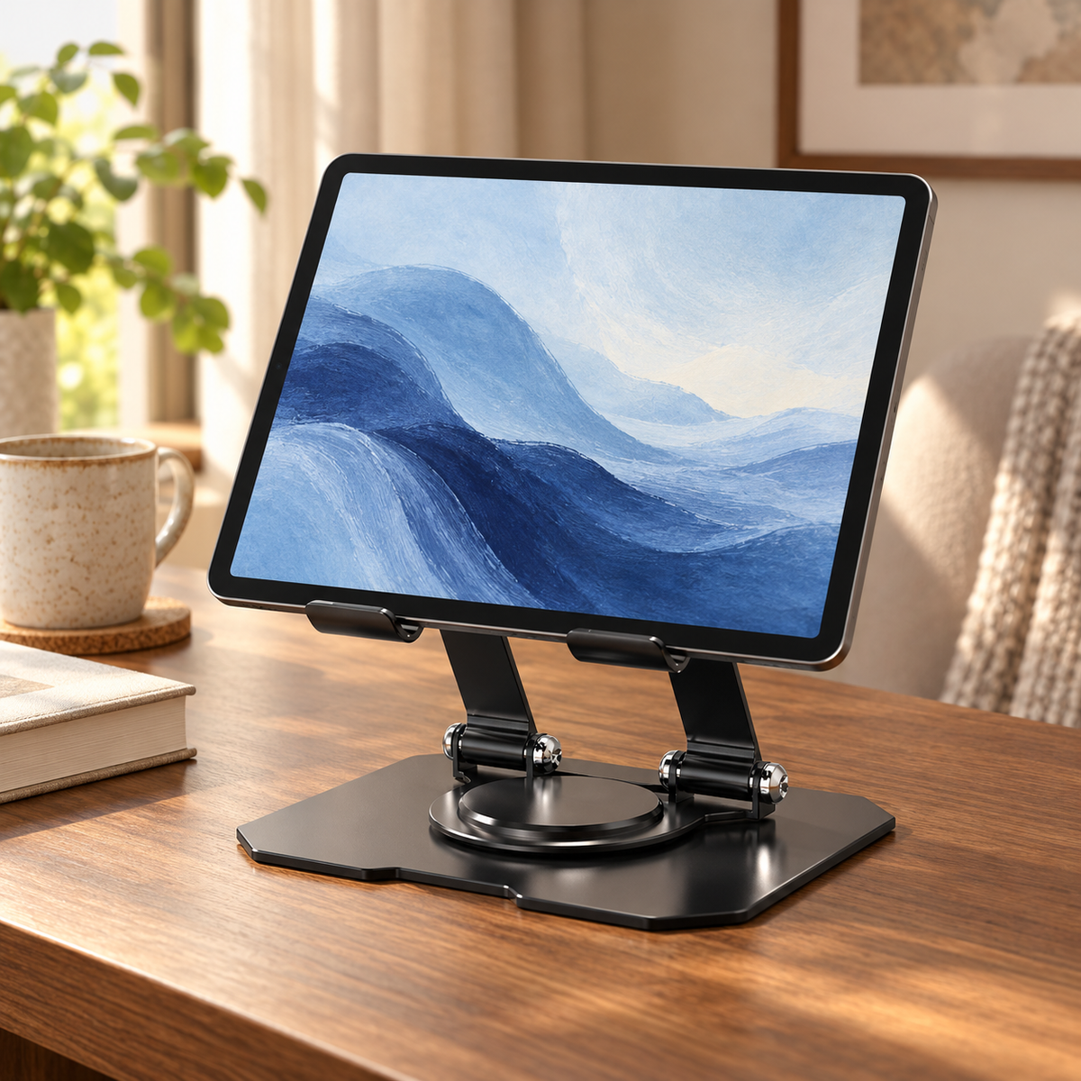 Space Black Pivot 360 holding a tablet on a walnut desk; tablet not included