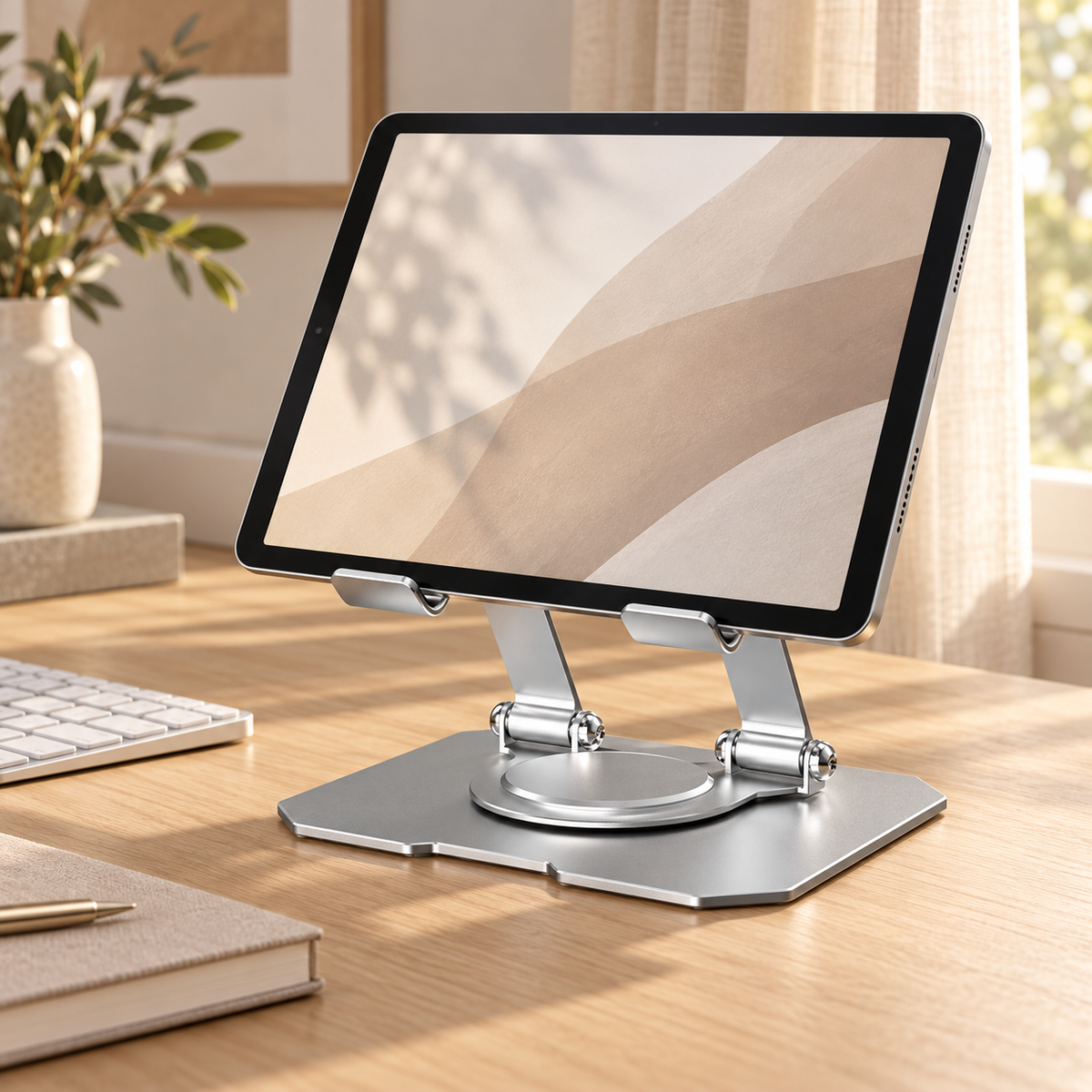 Frost Silver Pivot 360 holding a tablet on an oak desk; tablet not included