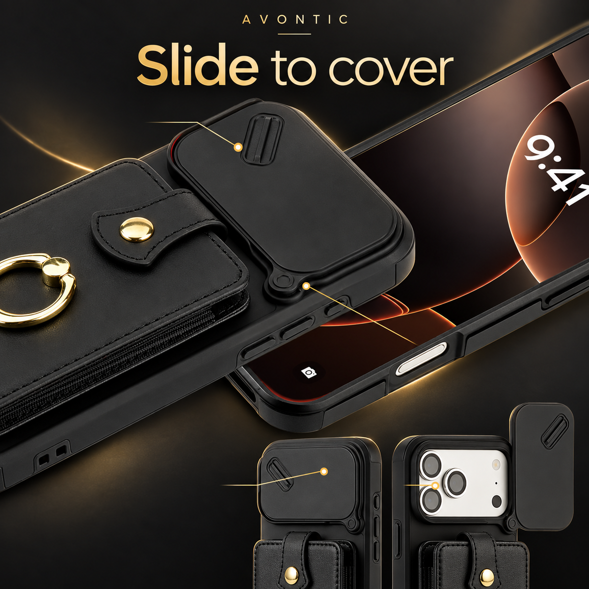 Avontic PocketVault LensSlide Wallet RingStand Case — Slide to cover