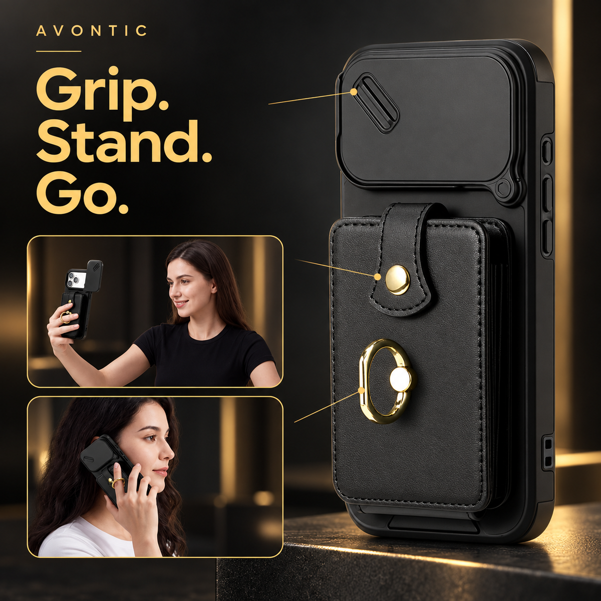 Avontic PocketVault LensSlide Wallet RingStand Case — Grip. Stand. Go.