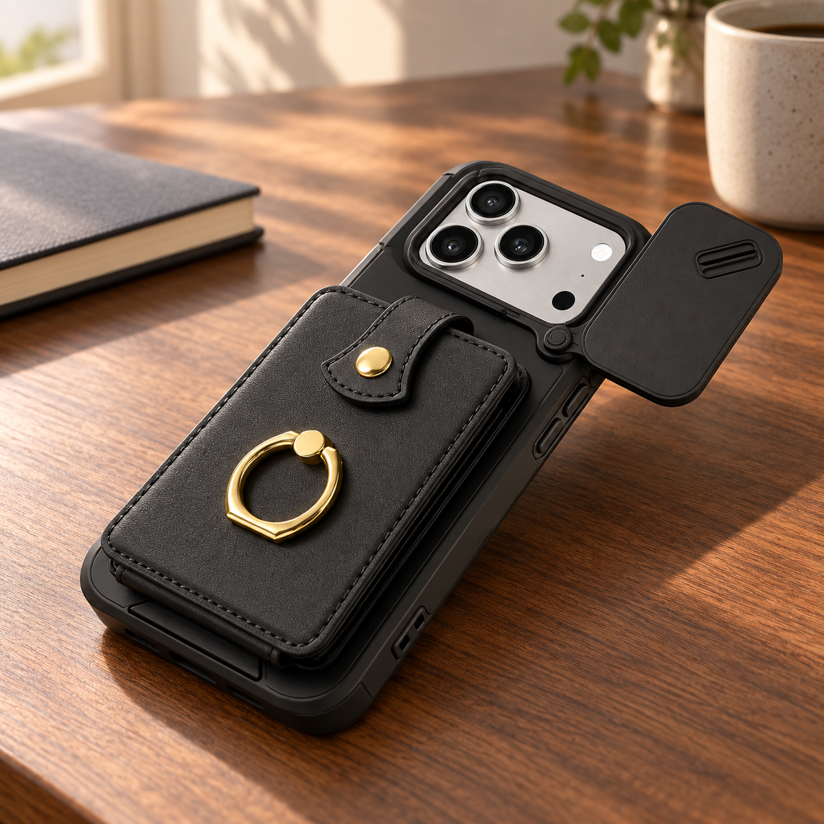 Avontic PocketVault LensSlide Wallet RingStand Case — desk lifestyle view