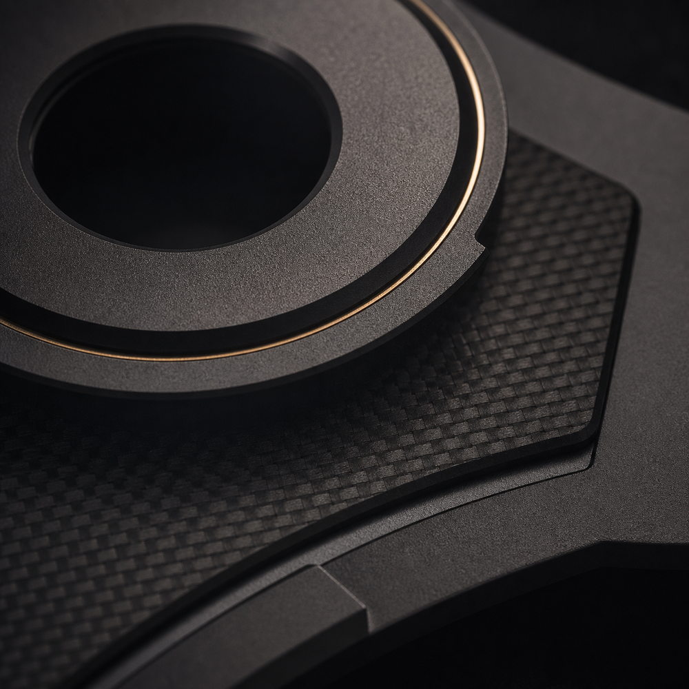 Abstract precision-machined black titanium and graphite material study with champagne edge light