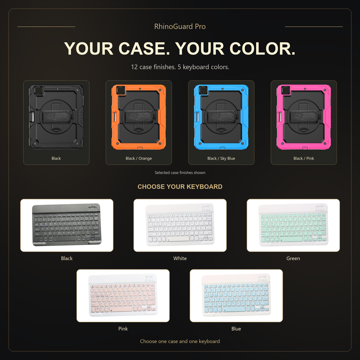 RhinoGuard Pro WorkForce Color case finishes and five complete keyboards in Black, White, Green, Pink and Blue