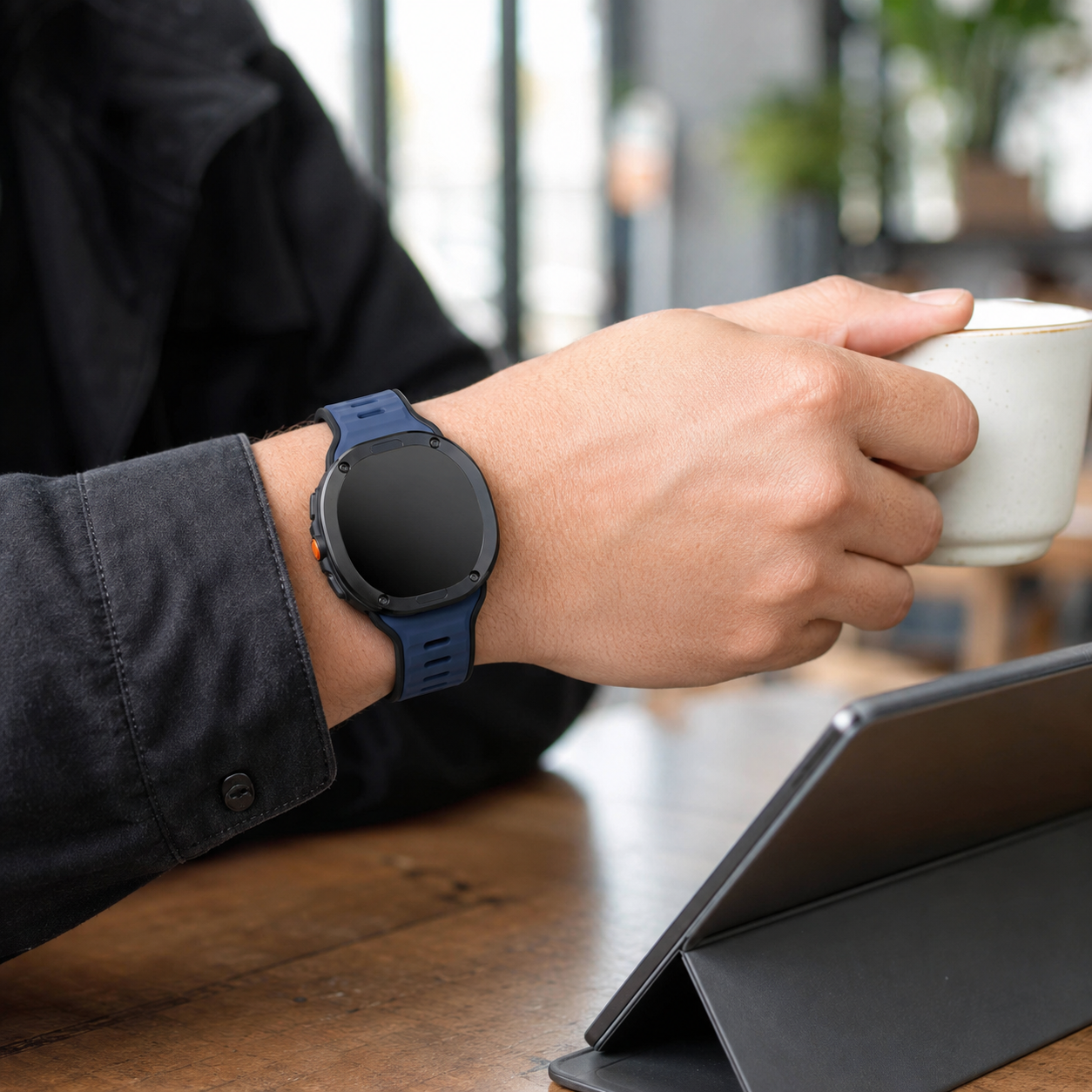 Black and blue Avontic PulseFlex silicone band in a casual setting
