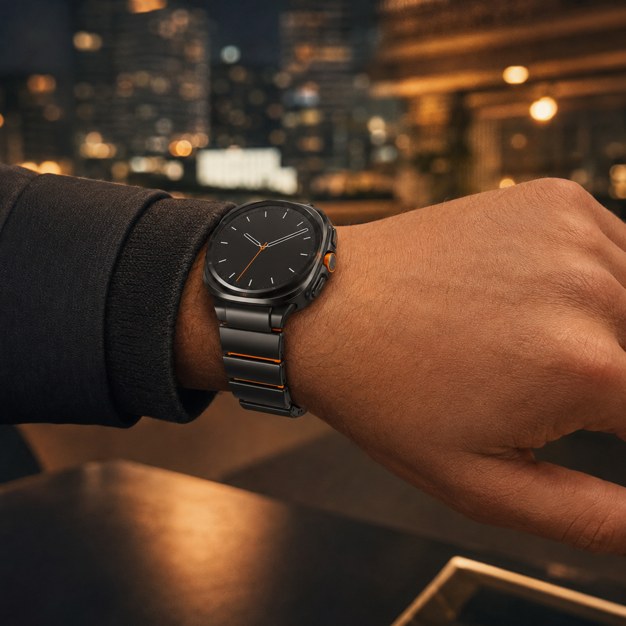Black Orange Avontic PulseLink band on a circular Galaxy Watch Ultra-style watch