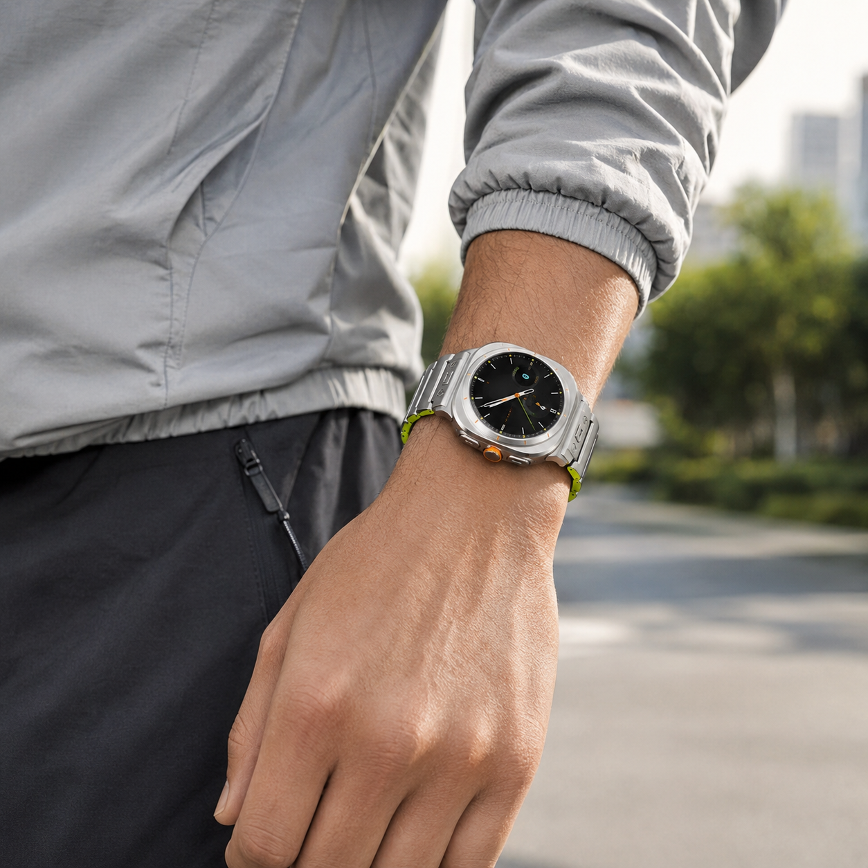 Titanium-Tone Green Avontic PulseLink band on a circular Galaxy Watch Ultra-style watch