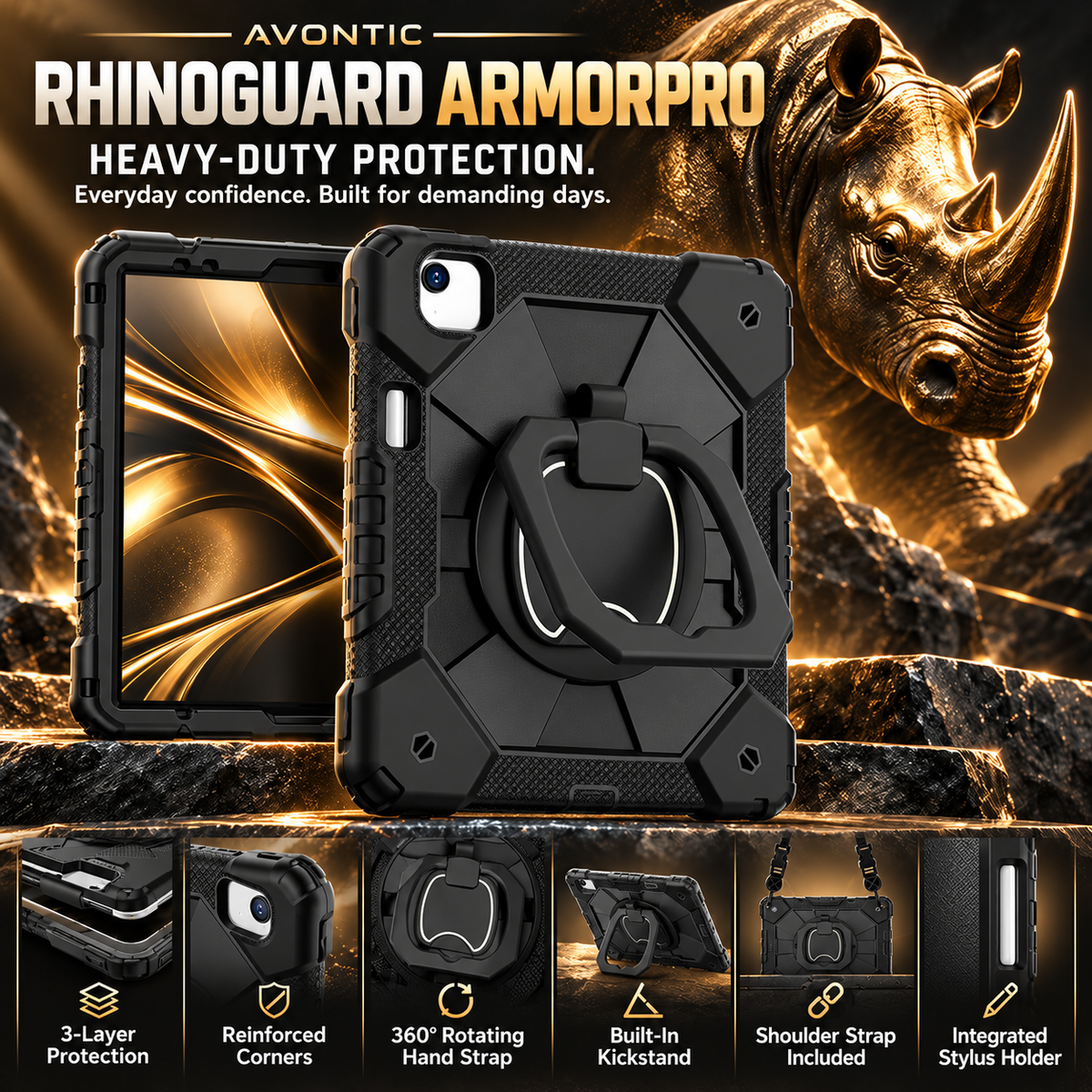 RhinoGuard ArmorPro heavy-duty iPad case with rotating grip, kickstand, shoulder strap and gold rhino