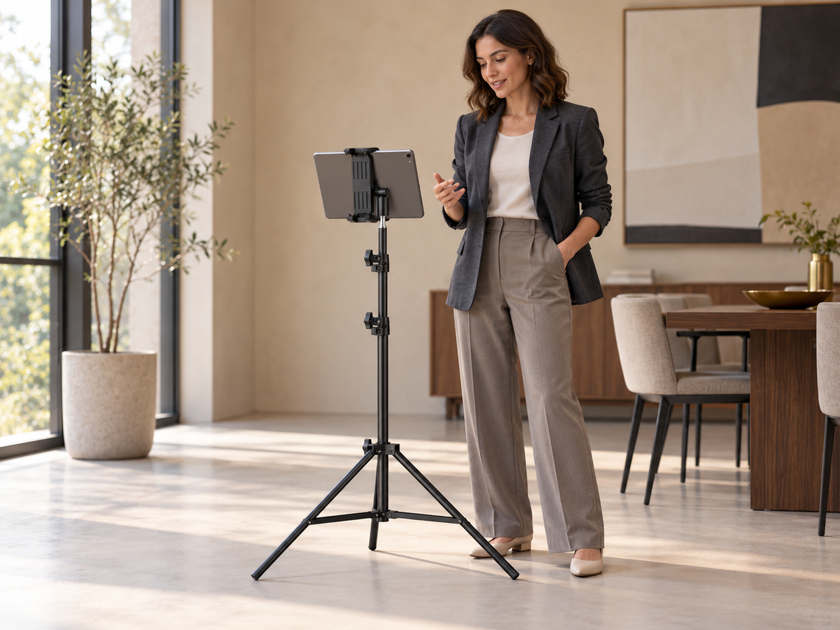 RhinoStand tablet tripod in a modern meeting room beside a consultant