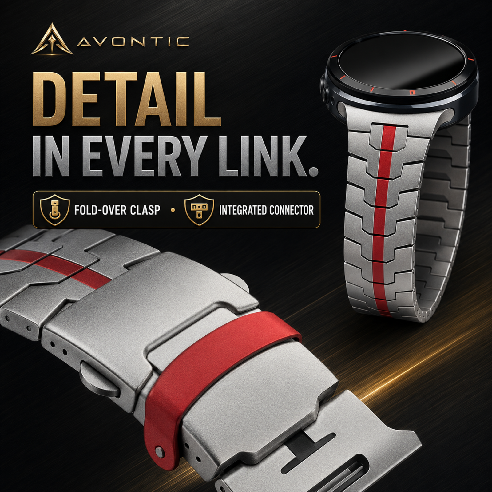 Avontic RidgeSteel accent-link detail with Detail in Every Link badge