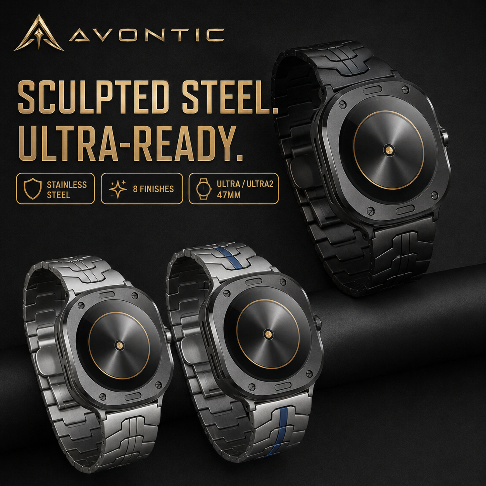 Avontic RidgeSteel stainless steel link band with Sculpted Steel Ultra-Ready badge