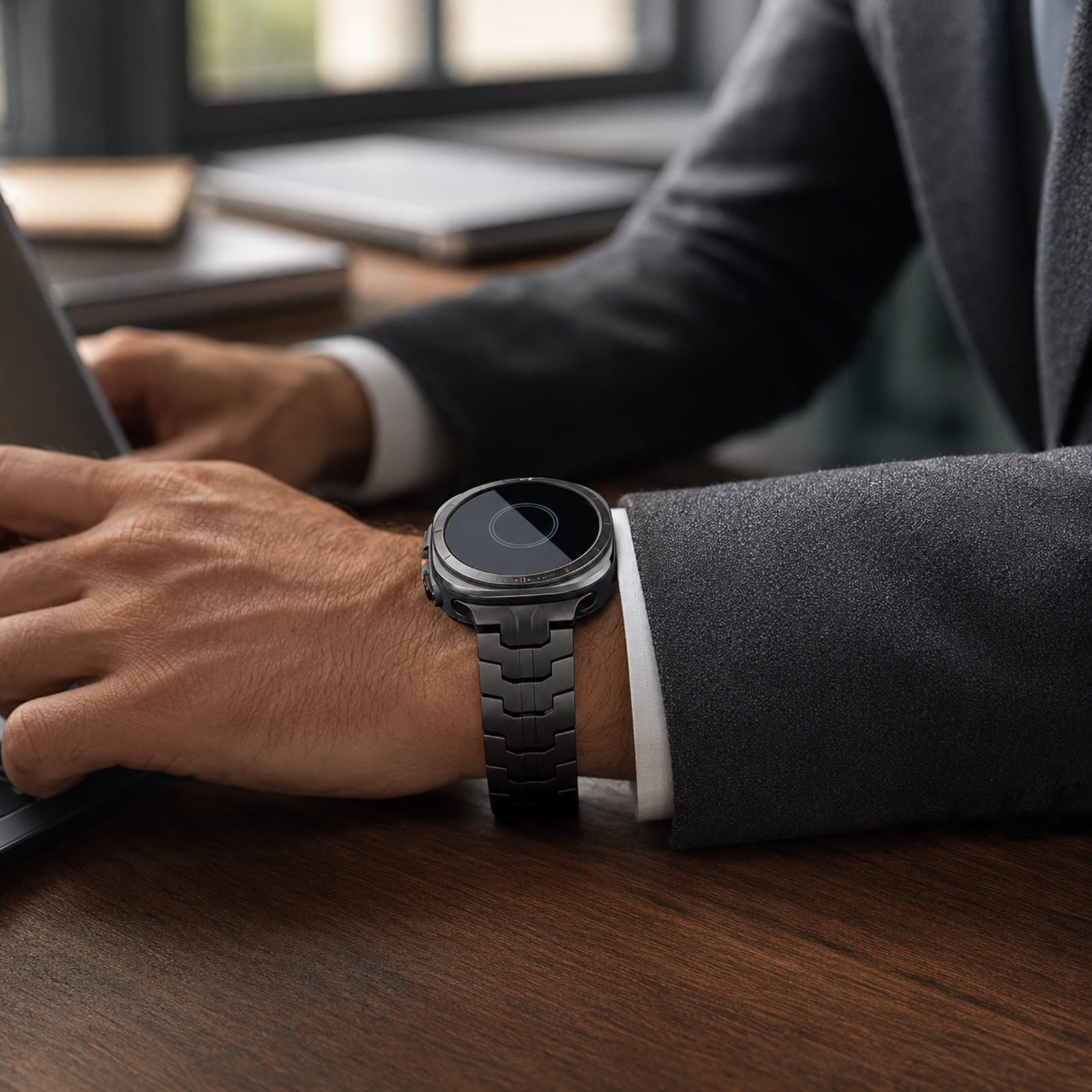 Black Avontic RidgeSteel stainless steel band worn with a circular Galaxy Watch Ultra in an executive setting