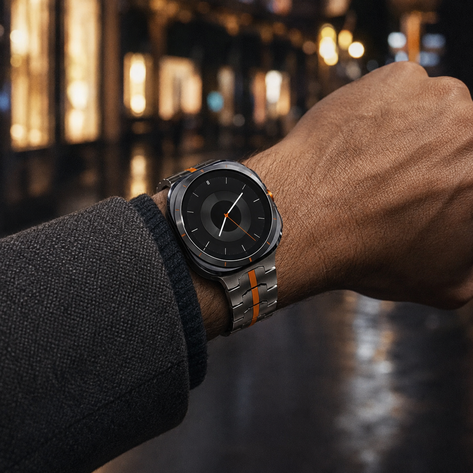 Orange-accent Avontic RidgeSteel stainless steel band worn with a circular Galaxy Watch Ultra in an urban setting