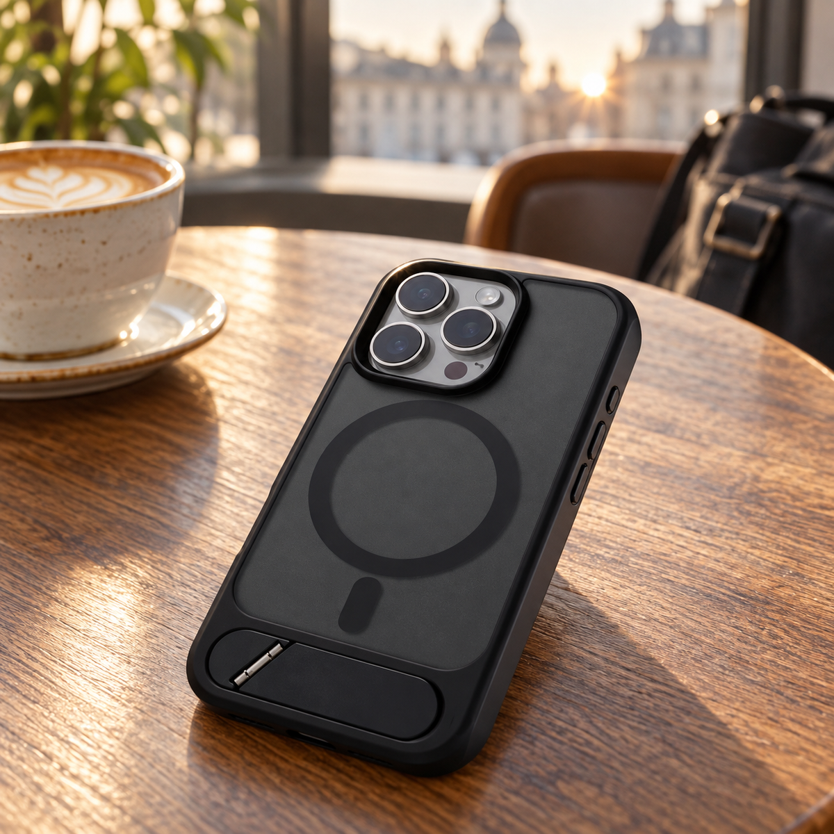 Avontic SlimProp Magnetic Stand Case — cafe lifestyle view