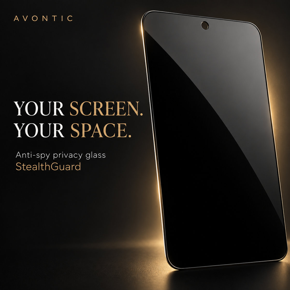 StealthGuard privacy glass on a charcoal background with the message Your screen. Your space.