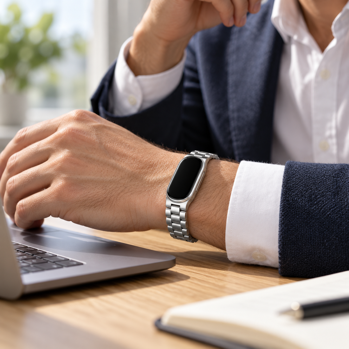 Avontic ArcSteel Stainless Steel Link Band, worn in an everyday setting; tracker shown for fit, not included