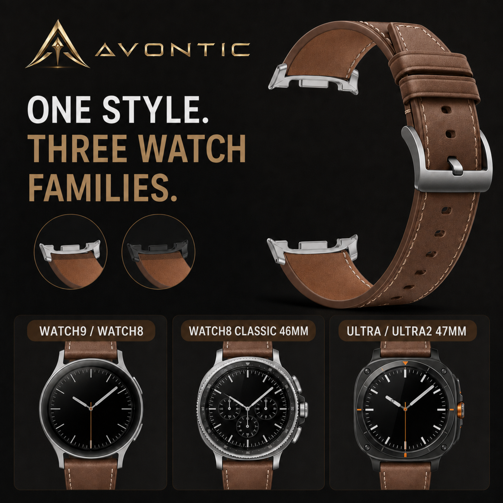 Avontic TailorLink compatibility graphic for Watch9, Watch8, Watch8 Classic and Ultra2