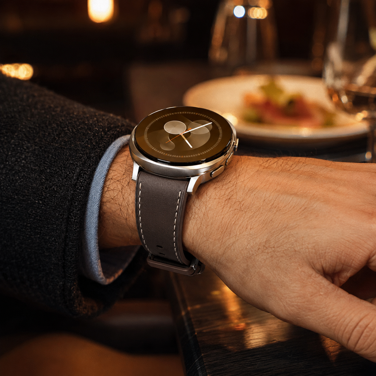 Brown Avontic TailorLink leather band worn with a circular Galaxy Watch in an evening dining setting