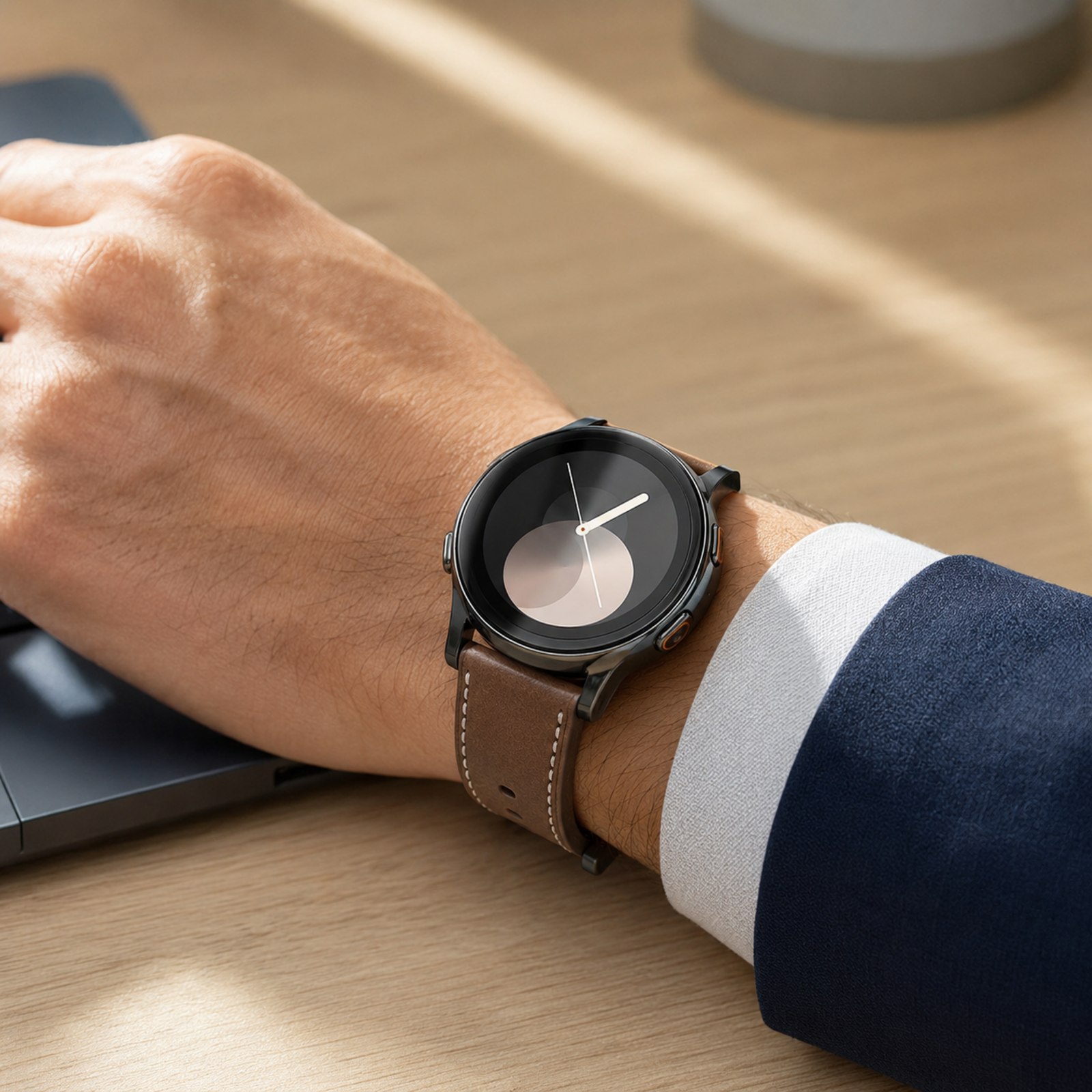 Brown Avontic TailorLink leather band worn with a circular Galaxy Watch at a workspace