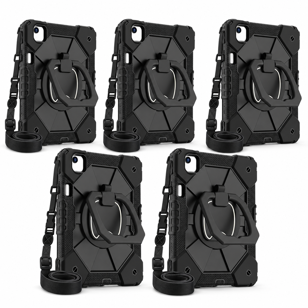 5 black RhinoGuard ArmorPro iPad cases with 5 carry straps and 5 glass screen protectors, on white