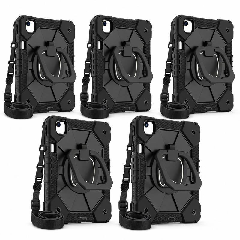 5 black RhinoGuard ArmorPro iPad cases with 5 carry straps and 5 glass screen protectors, on white