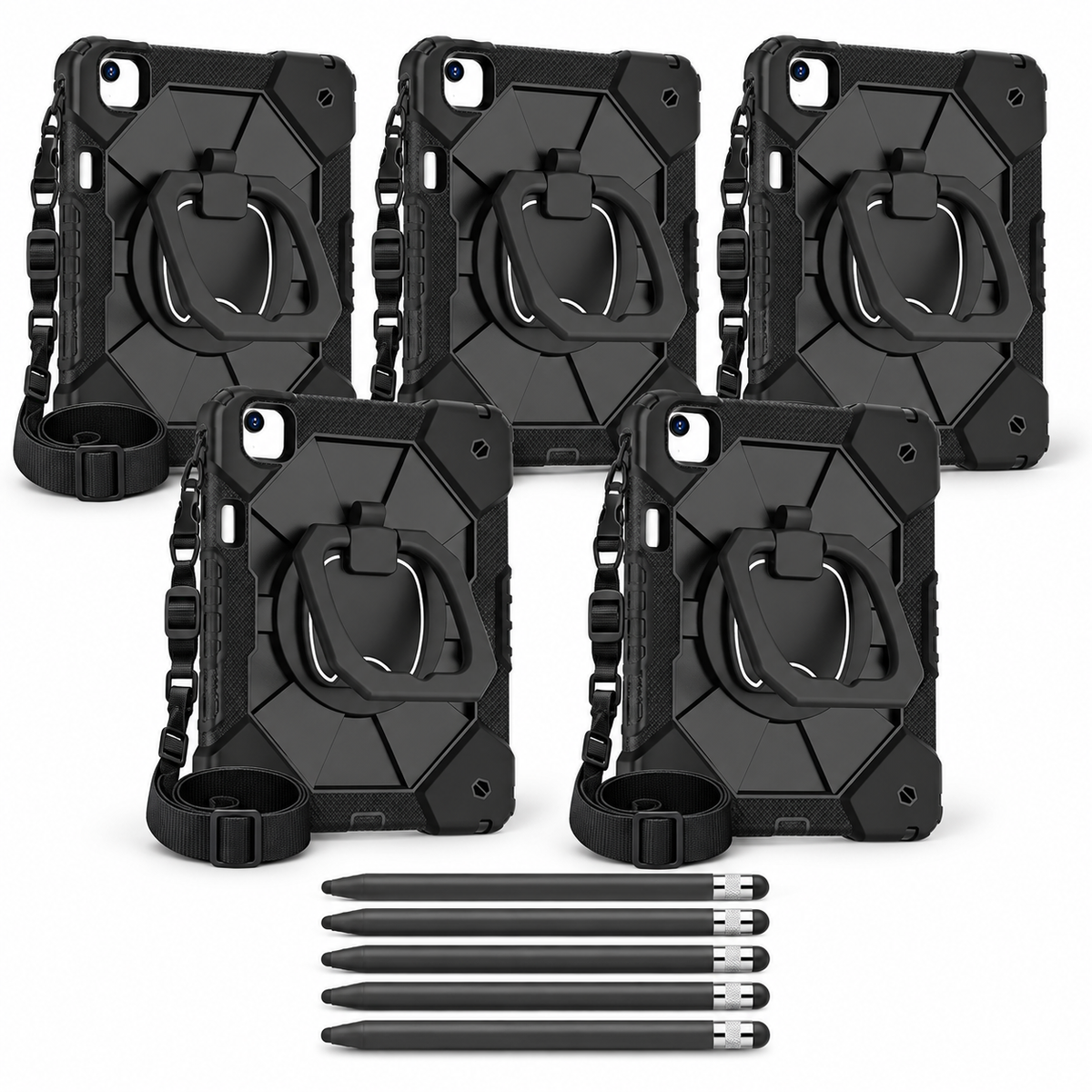 5 black RhinoGuard ArmorPro iPad cases with 5 carry straps and 5 glass screen protectors, plus 5 black ApexTouch styluses, on white