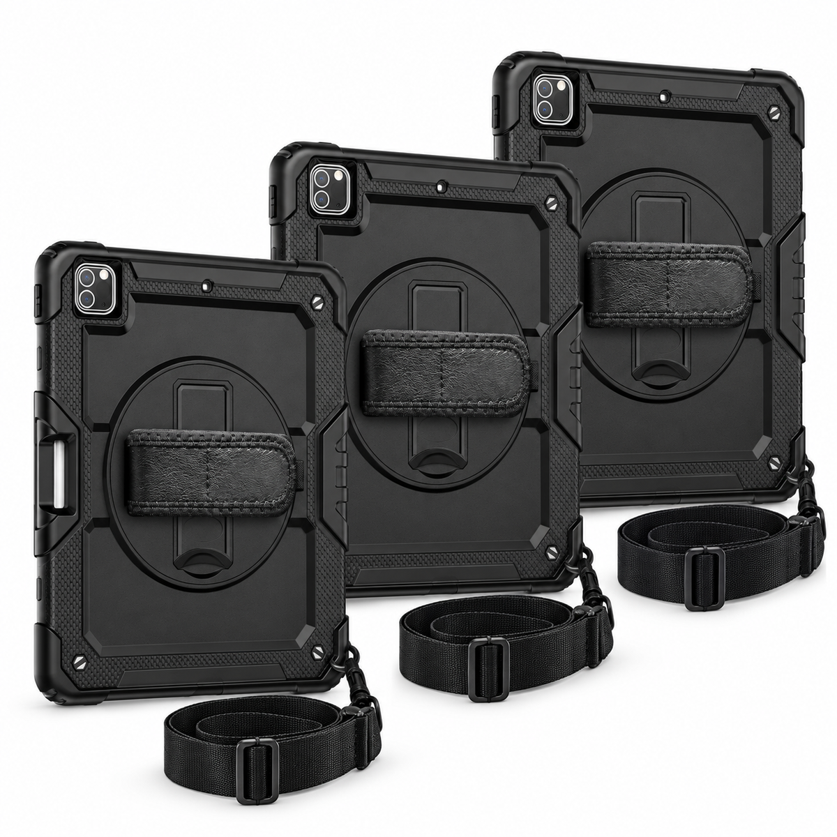3 black RhinoGuard Pro iPad cases with 3 carry straps and 3 glass screen protectors, on white