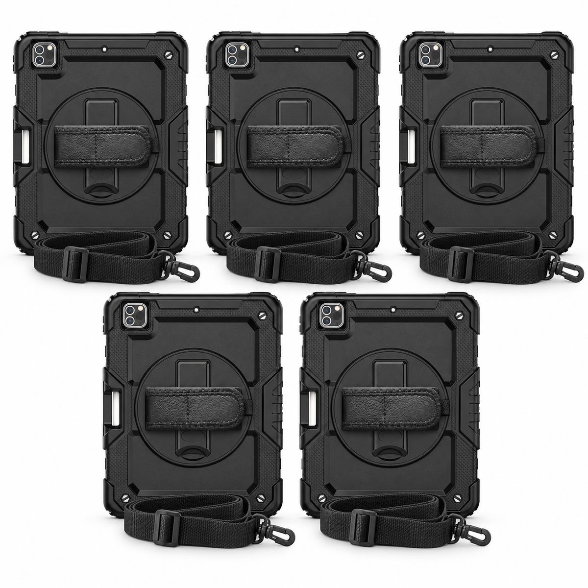5 black RhinoGuard Pro iPad cases with 5 carry straps and 5 glass screen protectors, on white