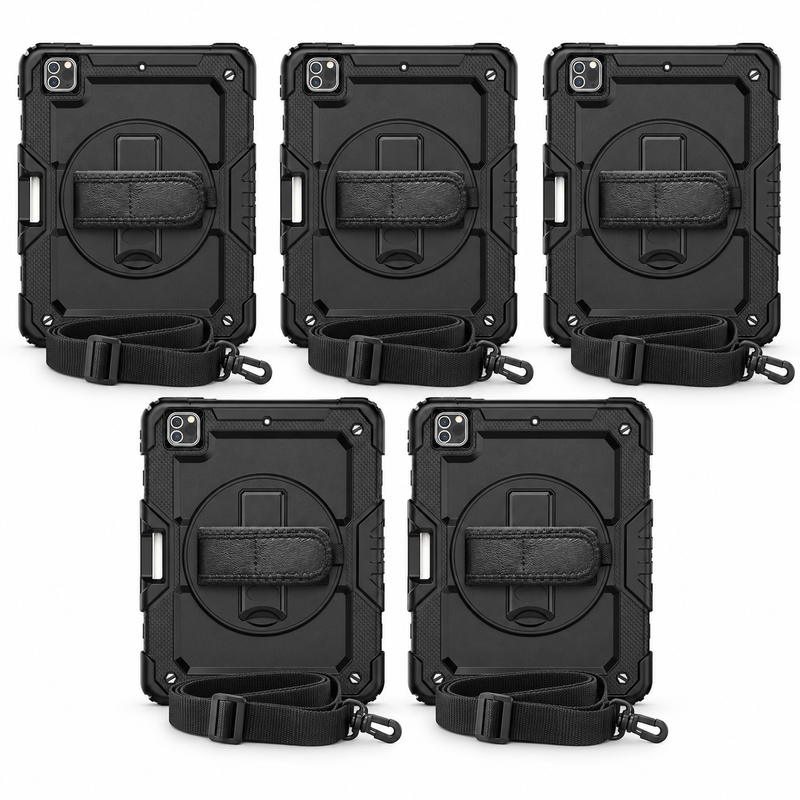5 black RhinoGuard Pro iPad cases with 5 carry straps and 5 glass screen protectors, on white