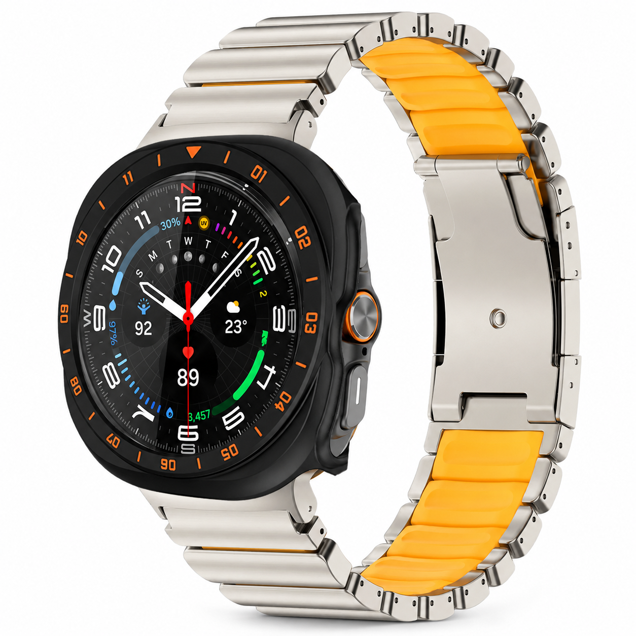 Avontic TitanForge titanium and orange link band with black-orange hard case for Samsung Galaxy Watch Ultra2 47mm
