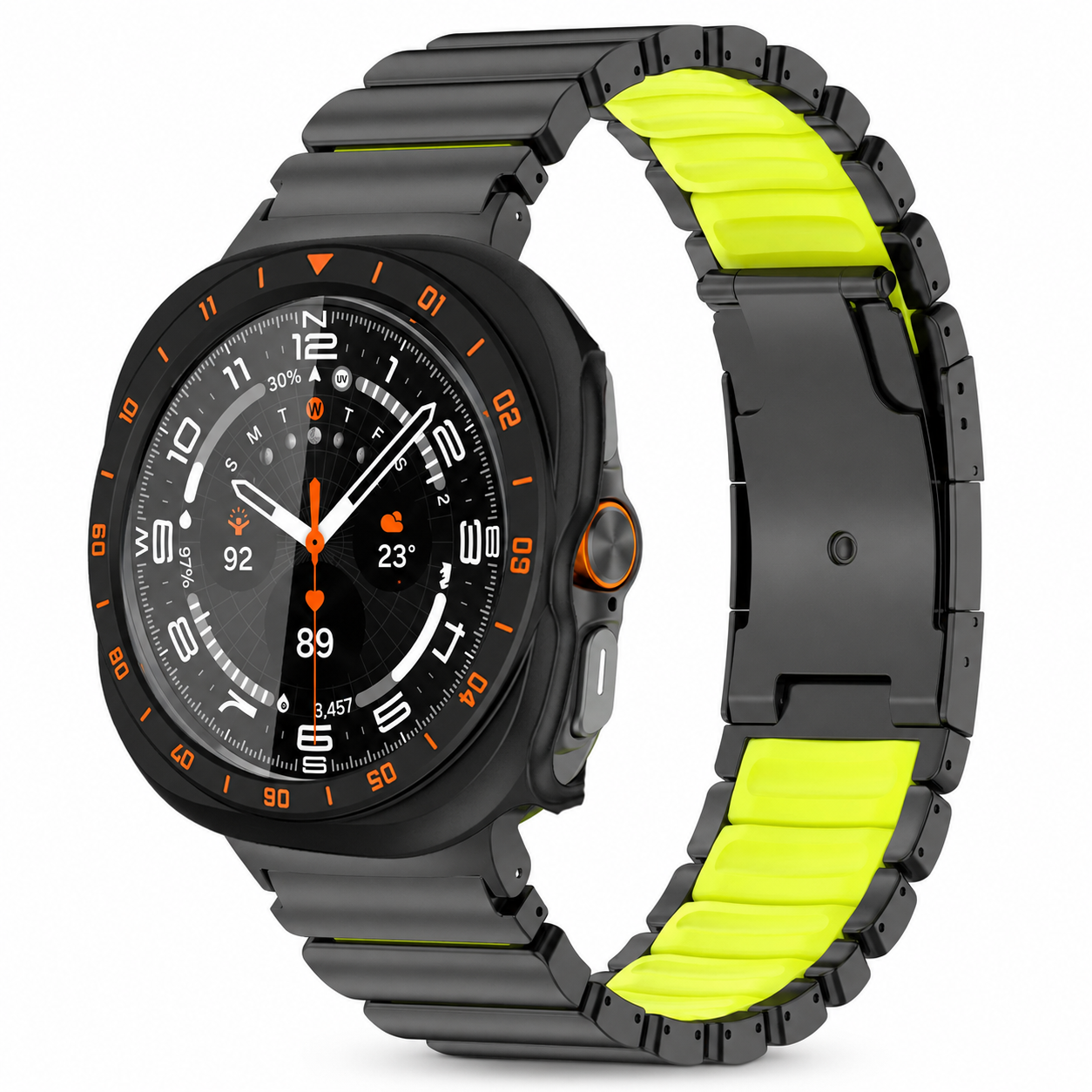 Avontic TitanForge black and volt link band with black-orange hard case for Samsung Galaxy Watch Ultra2 47mm