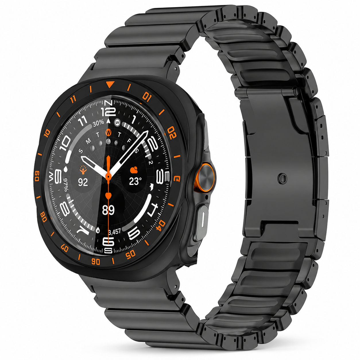 Avontic TitanForge black link band with black-orange hard case for Samsung Galaxy Watch Ultra2 47mm