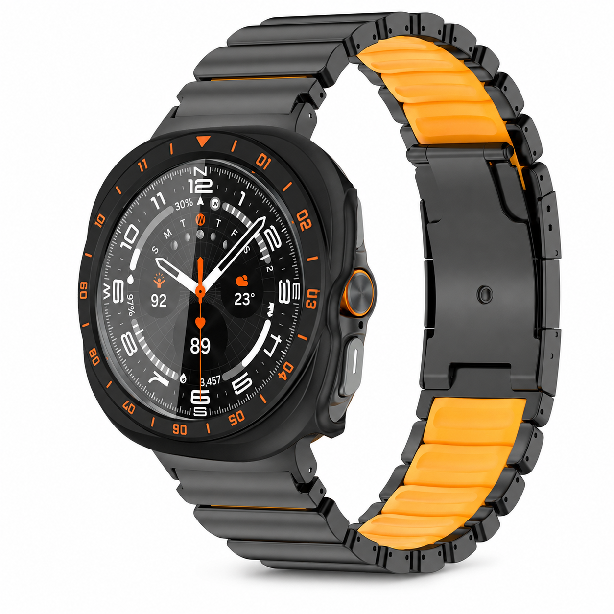 Avontic TitanForge black and orange link band with black-orange hard case for Samsung Galaxy Watch Ultra2 47mm