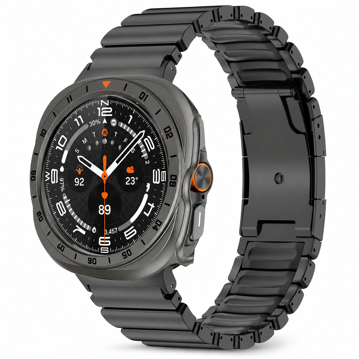 Avontic TitanForge black link band with gray-orange hard case for Samsung Galaxy Watch Ultra2 47mm