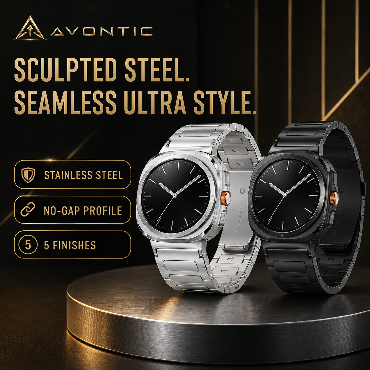 Avontic TitanLink stainless-steel Ultra band with Sculpted Steel badge