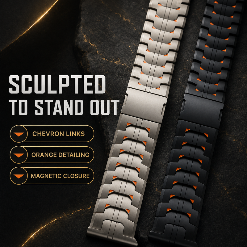 Black and titanium-tone TitanMag bands highlighting sculpted links, orange detailing, and hidden clasp