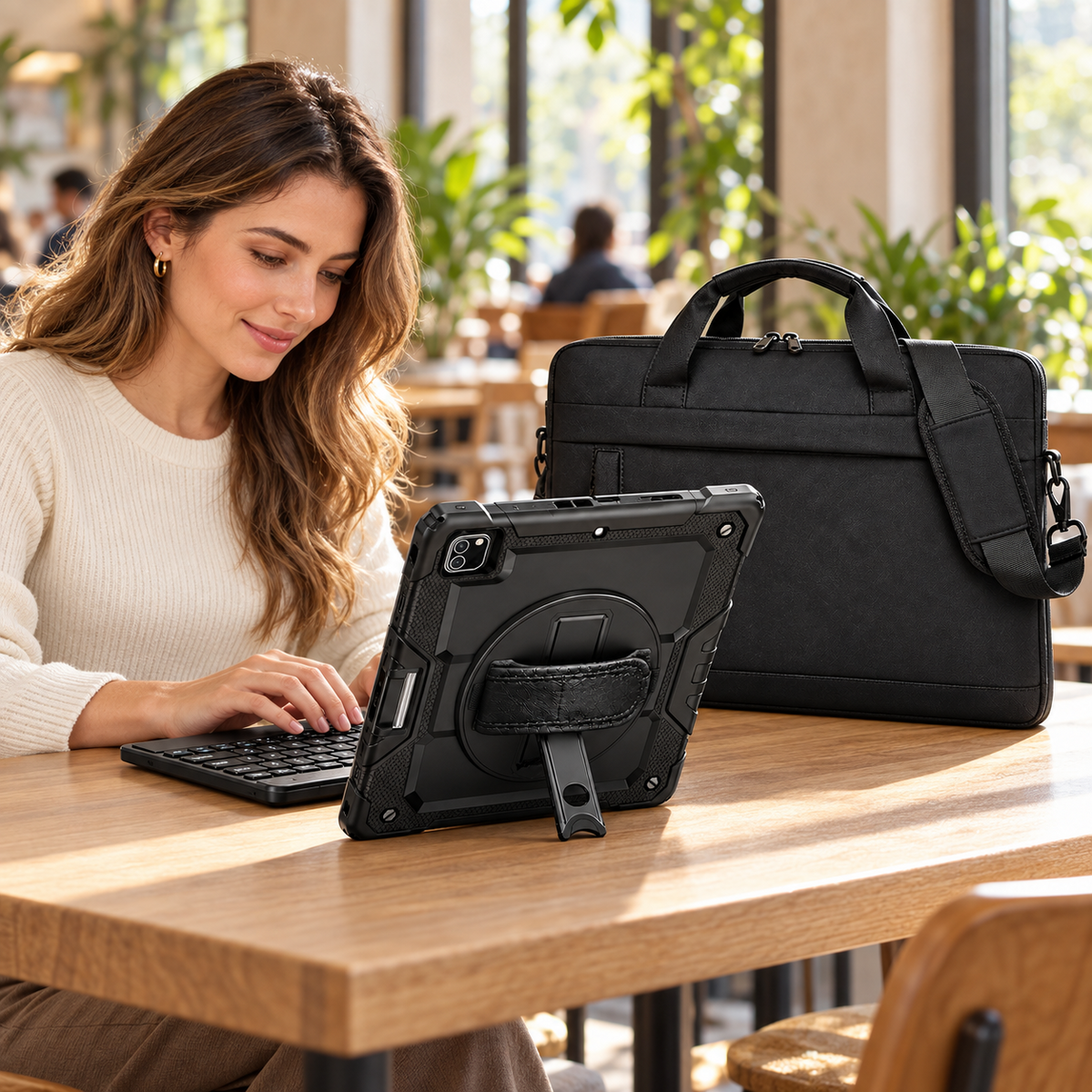 Woman typing on a black Bluetooth keyboard with a black RhinoGuard Pro iPad case on its kickstand and the black WorkForce Transit carry bag at a sunlit cafe.