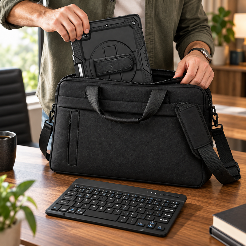 A black RhinoGuard Pro cased iPad being packed into the black WorkForce Transit carry bag with the separate black Bluetooth keyboard ready on the desk.