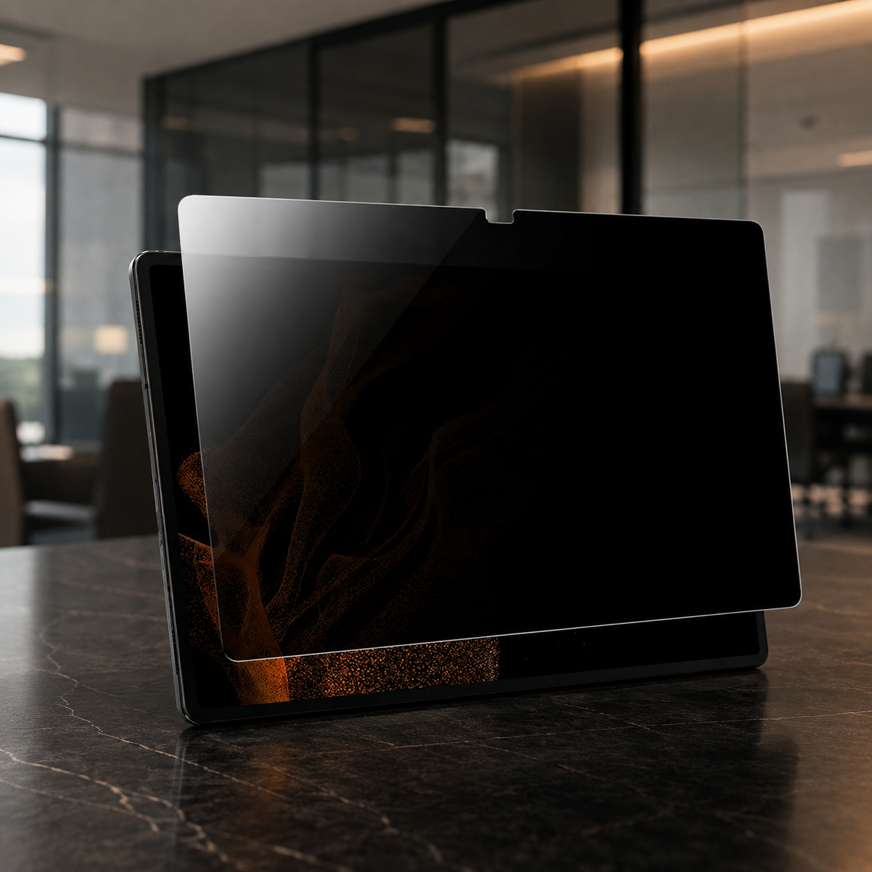 Galaxy Tab matte privacy film displayed in a professional office