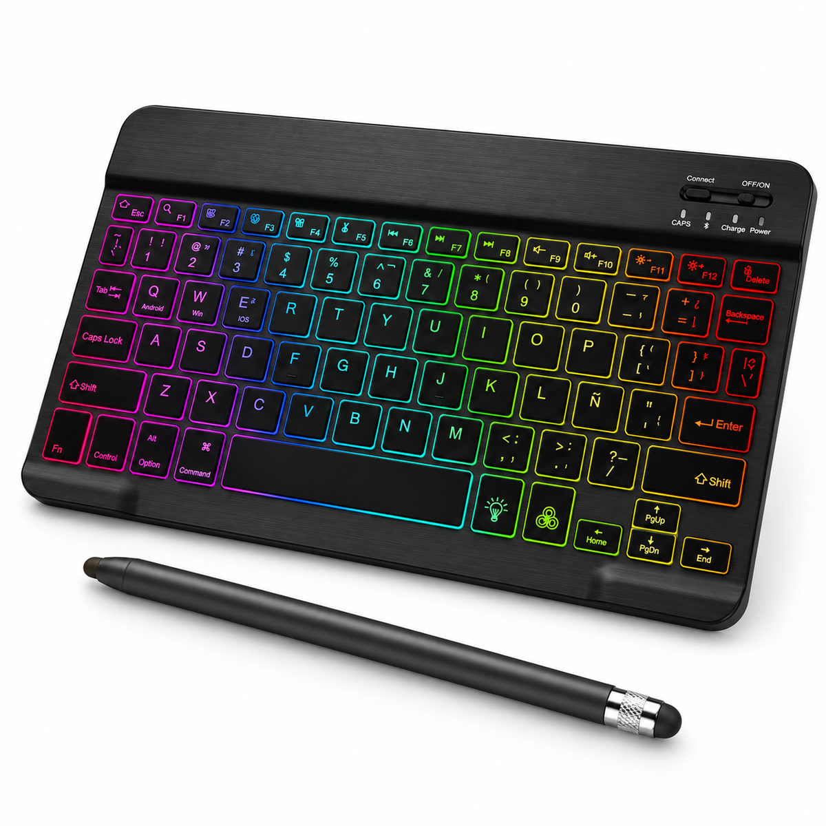RhinoKeys 10-inch Colorful Backlit keyboard and black ApexTouch stylus on white