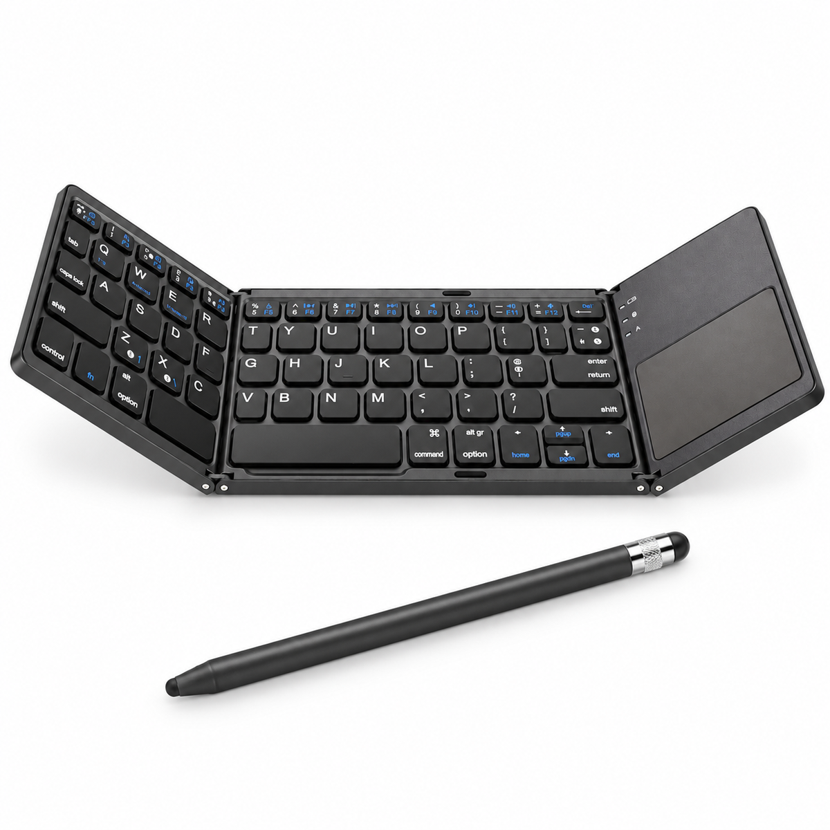 WorkForce Fold black folding touchpad keyboard and black ApexTouch stylus on white