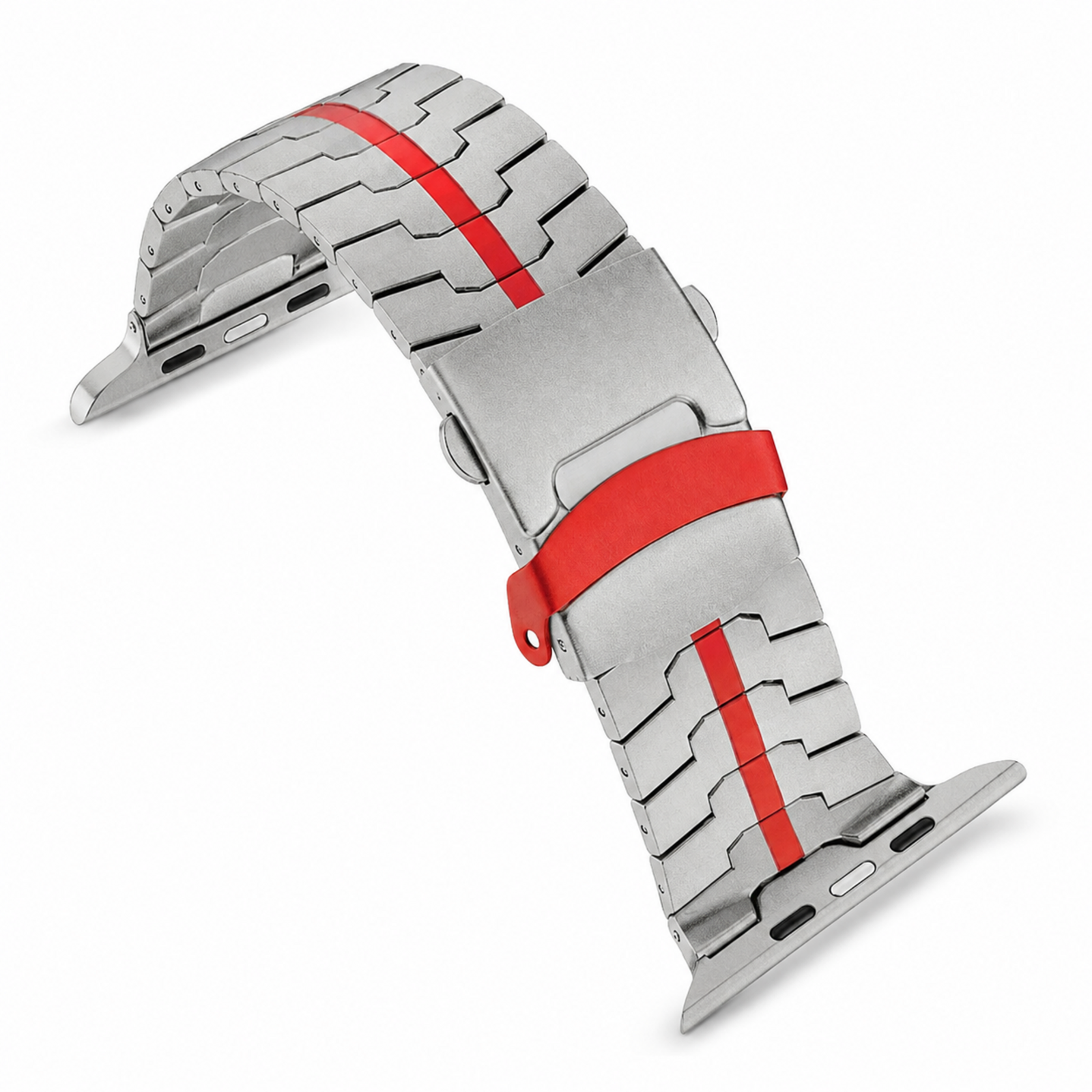Avontic RidgeSteel Titanium-Tone / Red stainless steel band for Galaxy Watch Ultra and Ultra2 47mm on a clean background