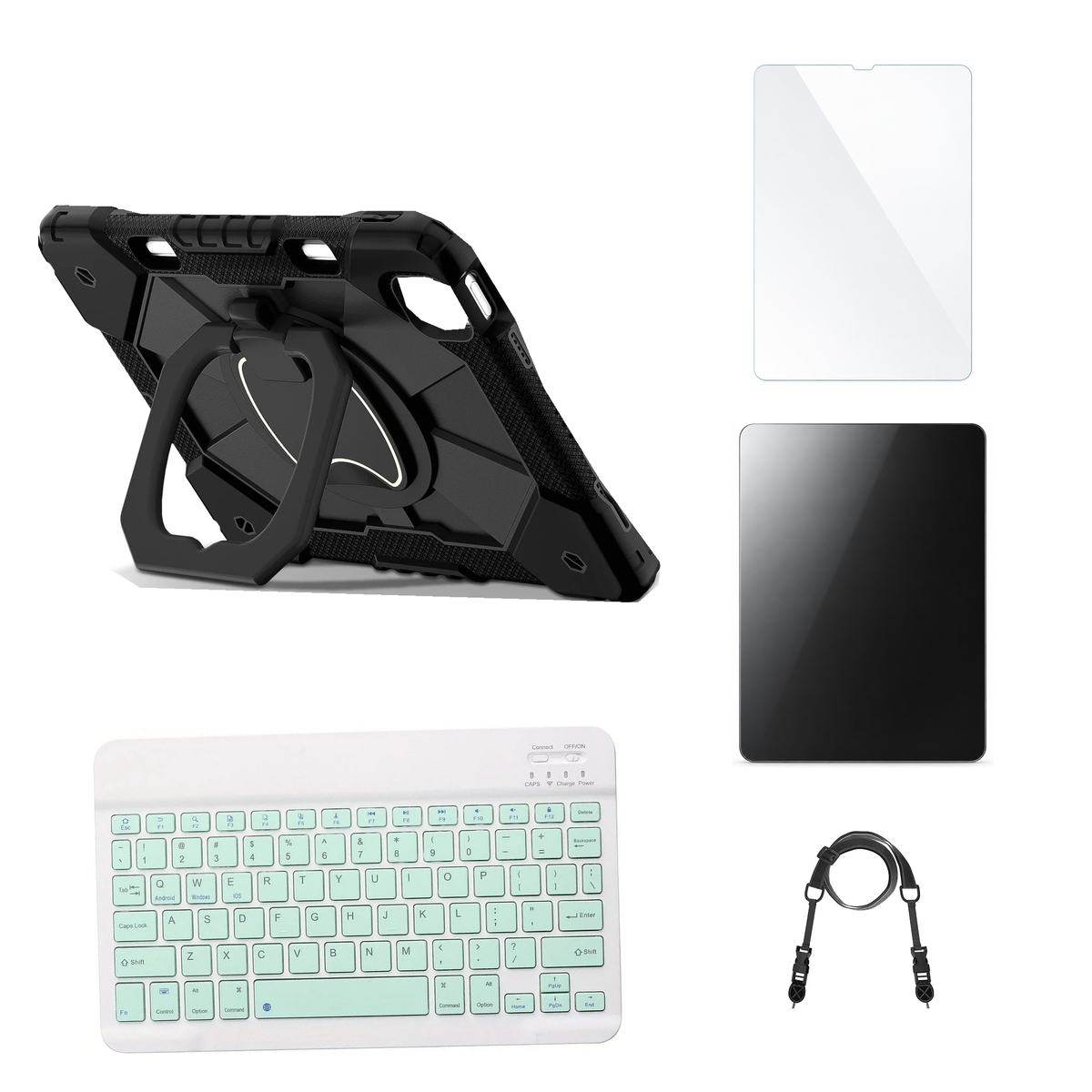 RhinoGuard ArmorPro Black case with Green keyboard, shoulder strap, standard glass and additional privacy glass