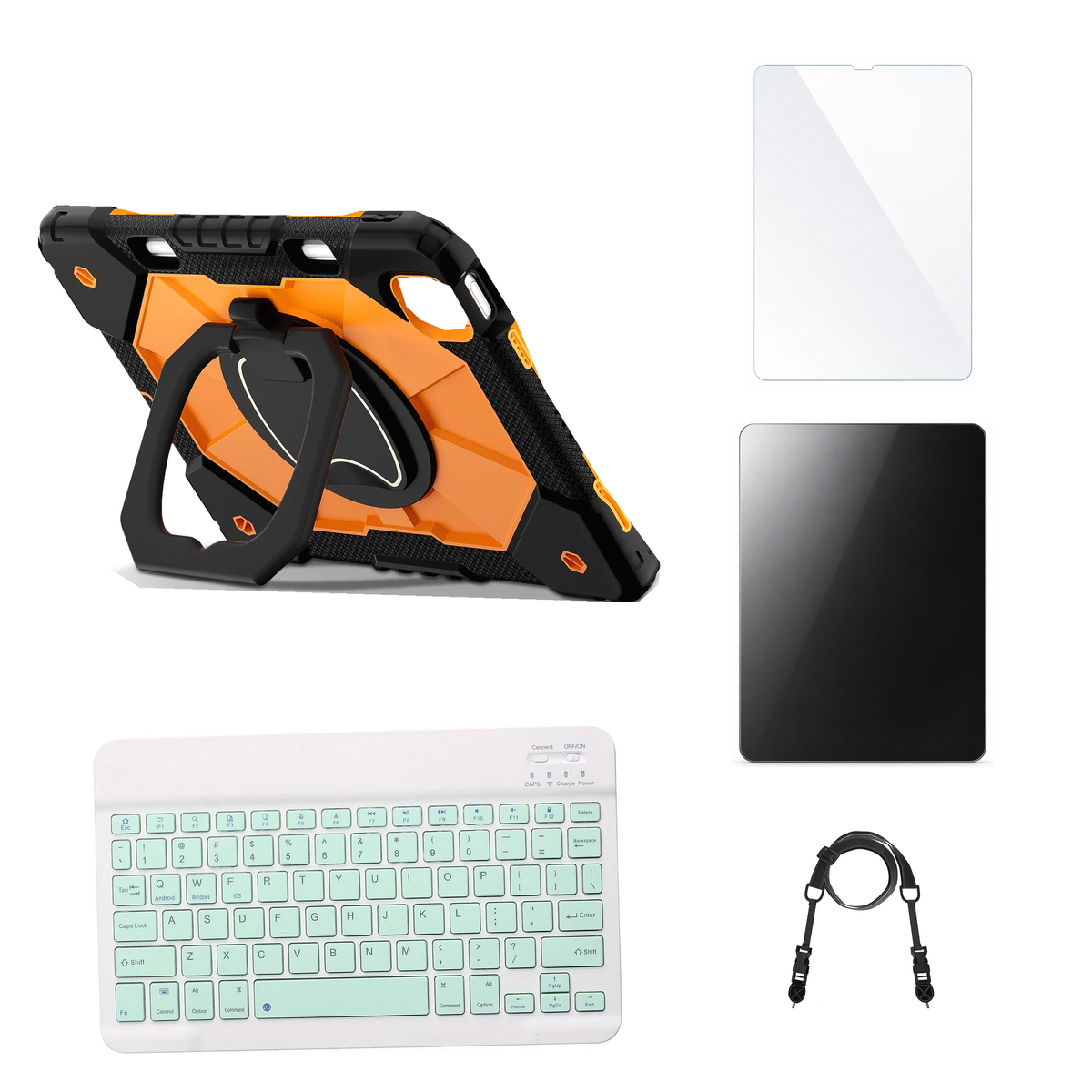 RhinoGuard ArmorPro Black / Orange case with Green keyboard, shoulder strap, standard glass and additional privacy glass