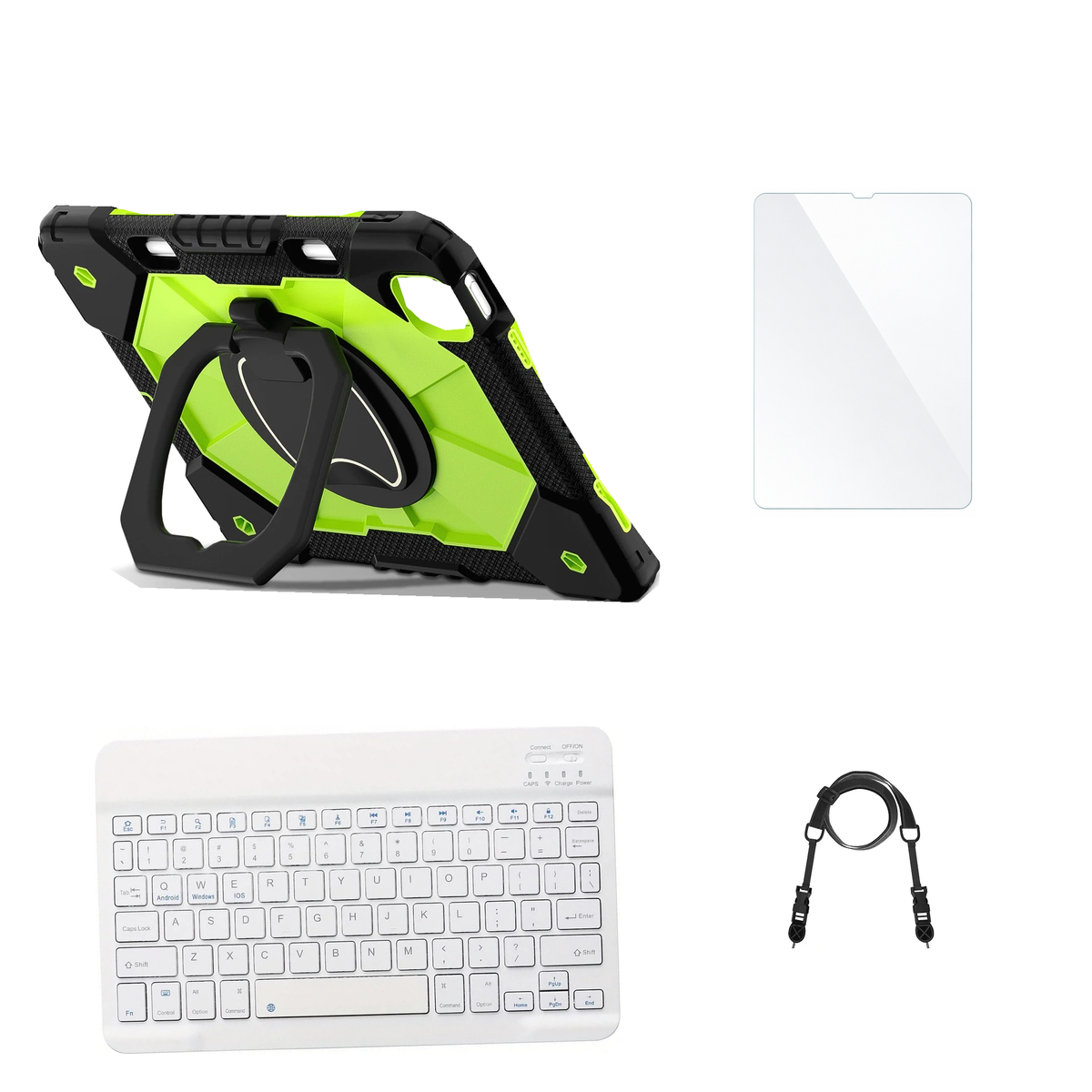 RhinoGuard ArmorPro Black / Green case with White keyboard, shoulder strap, standard glass