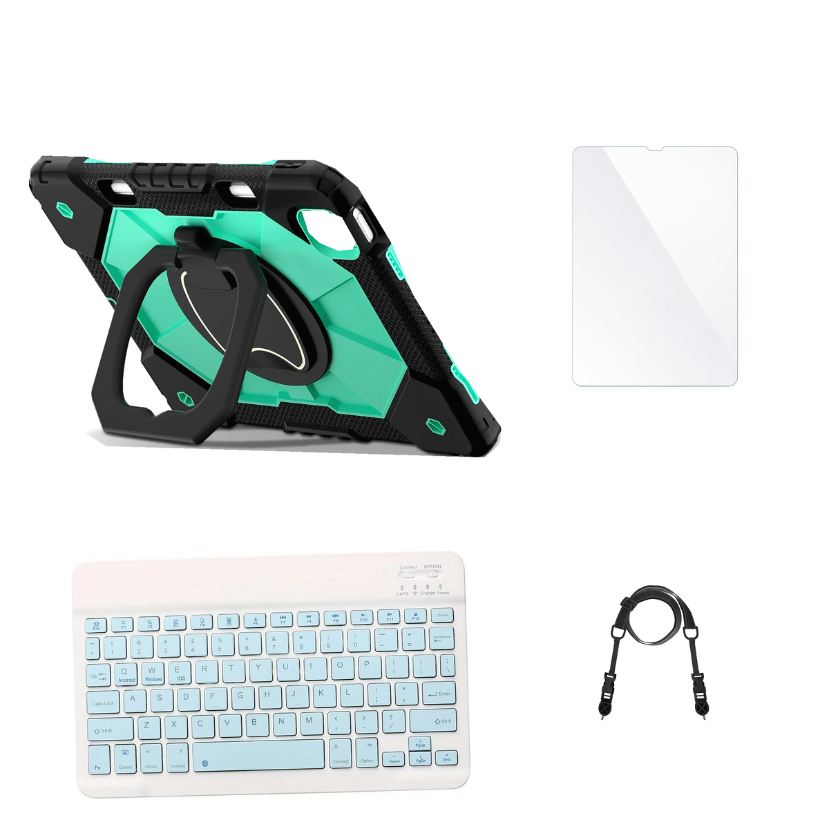 RhinoGuard ArmorPro Black / Mint Green case with Blue keyboard, shoulder strap, standard glass