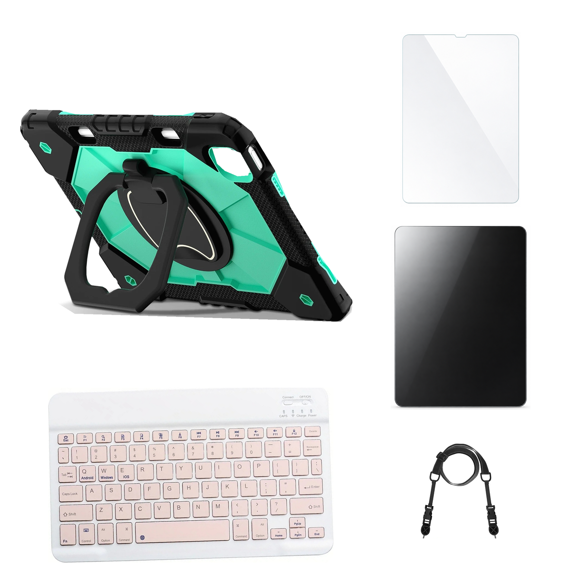 RhinoGuard ArmorPro Black / Mint Green case with Pink keyboard, shoulder strap, standard glass and additional privacy glass