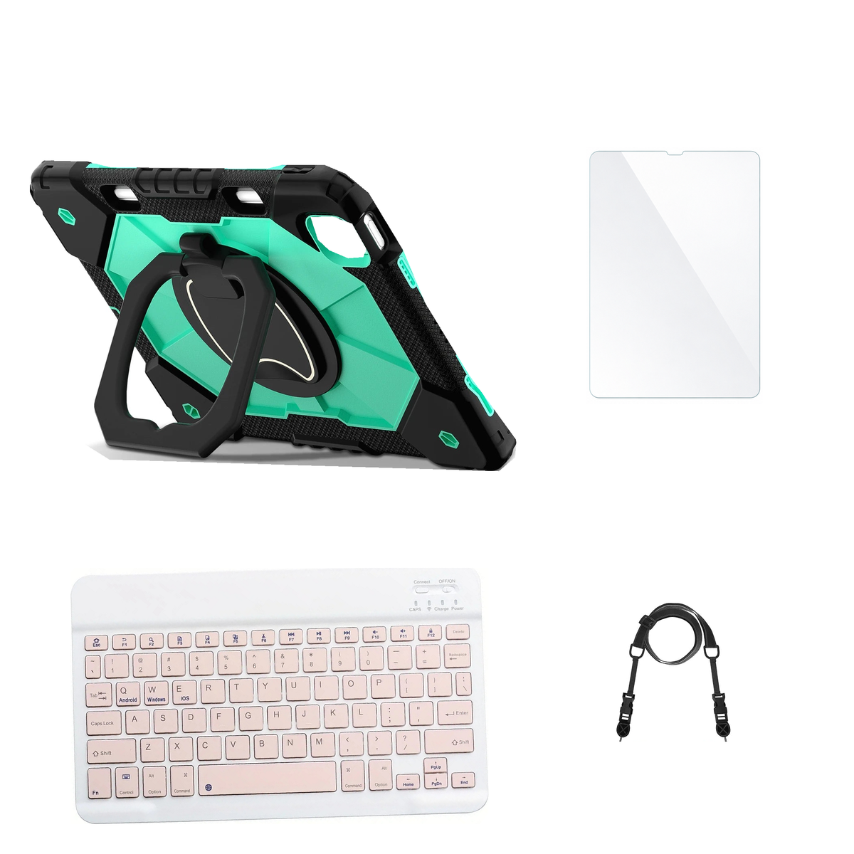 RhinoGuard ArmorPro Black / Mint Green case with Pink keyboard, shoulder strap, standard glass